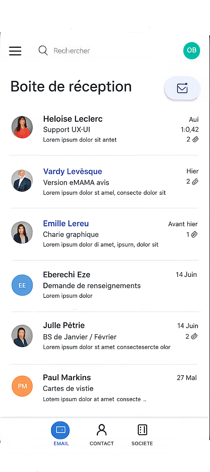 Capture d'écran mobile de l'application eMana - Gestion des emails